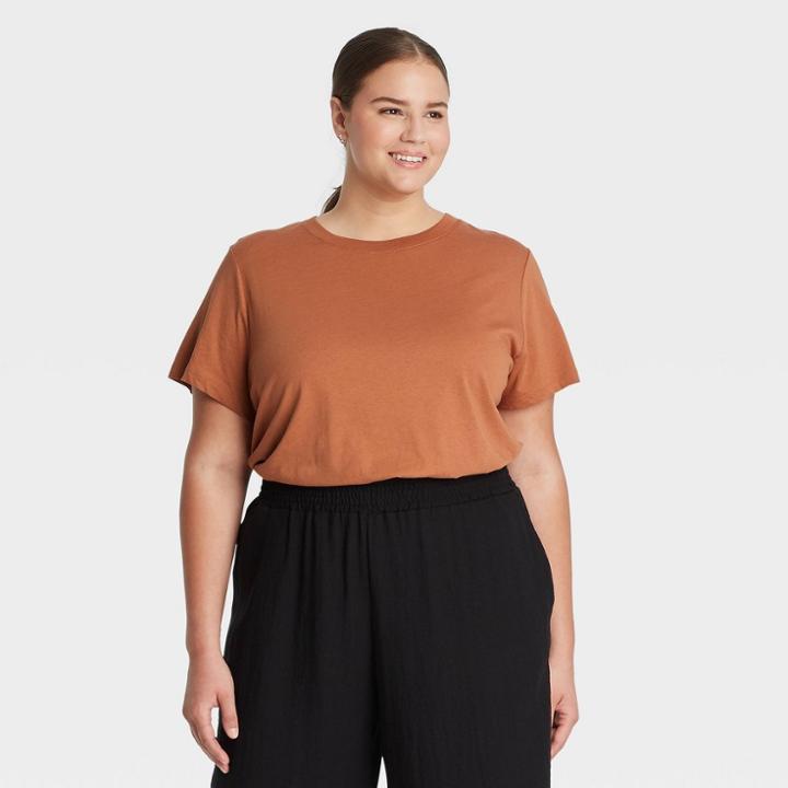 Women's Plus Size Short Sleeve Slim Fit Casual T-shirt - A New Day Brown