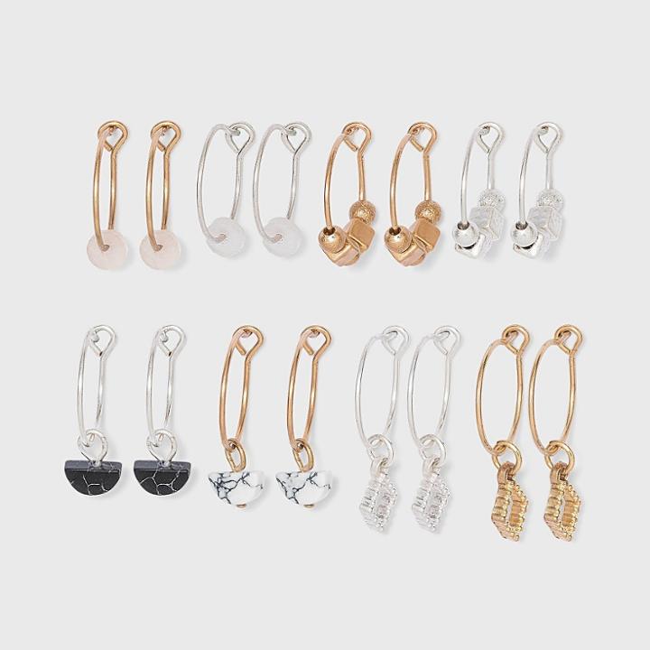 Mixed Semi-precious With Stone Charm Wire Hoop Multi Earring Set 8pc - Universal Thread Worn Gold