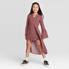 Girls' Long Sleeve Floral Walk Thru - Art Class Maroon S, Size: