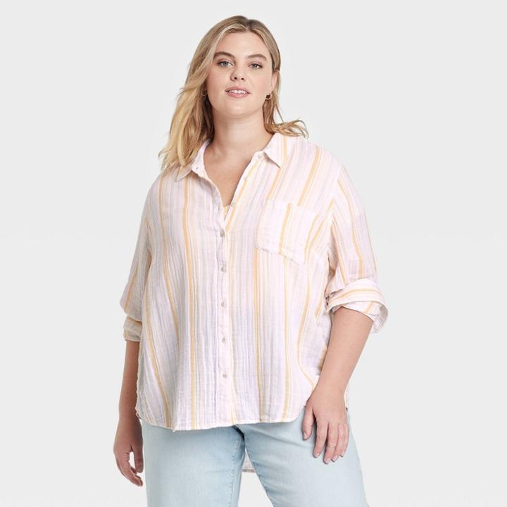 Women's Plus Size Long Sleeve Relaxed Fit Gauze Button-down Shirt - Universal Thread Yellow