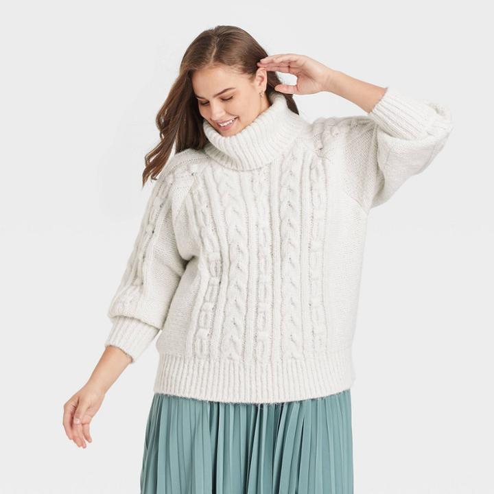 Women's Plus Size Mock Turtleneck Cable Knit Pullover Sweater - A New Day Cream