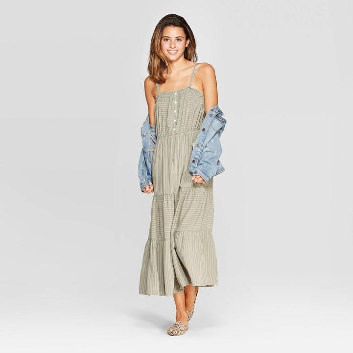 Women's Striped Sleeveless Square Neck Button Front Tiered Midi Dress - Universal Thread Green