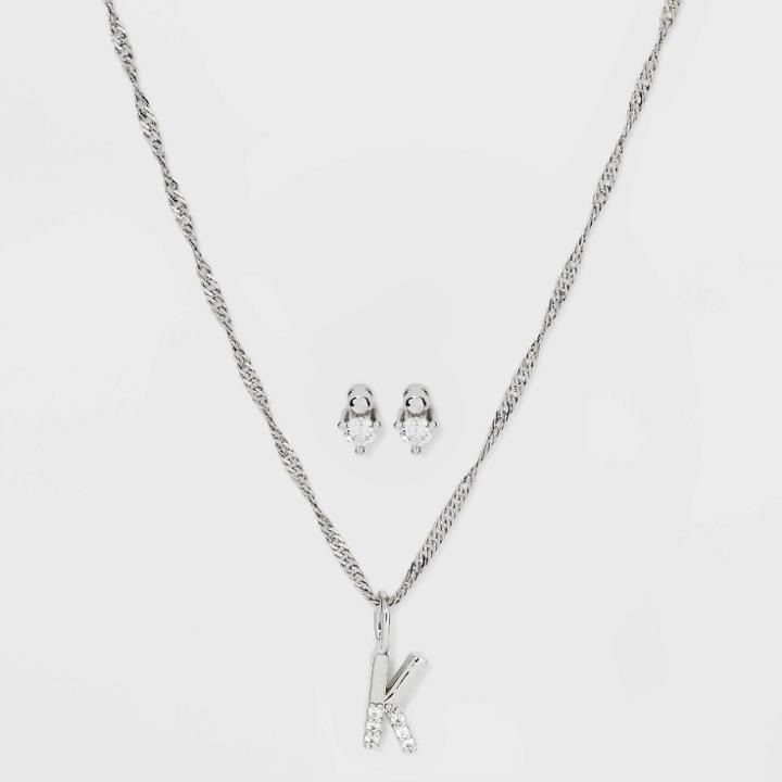 Silver Plated Cubic Zirconia 'k' Initial Earring And Pendant Necklace Set - A New Day