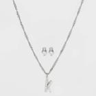 Silver Plated Cubic Zirconia 'k' Initial Earring And Pendant Necklace Set - A New Day