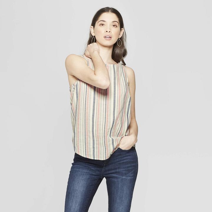 Women's Striped Button Back Tank - Universal Thread Sour Cream