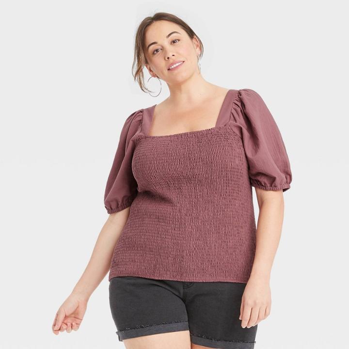 Women's Plus Size Square Neck Puff Short Sleeve Smocked Top - Ava & Viv Purple