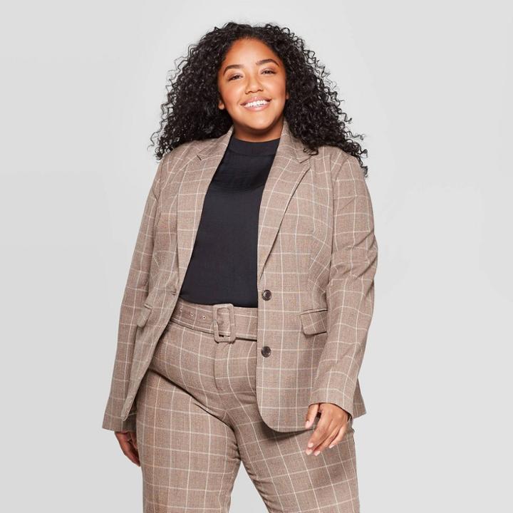 Women's Plus Size Plaid Bi-stretch Twill Blazer - A New Day Brown