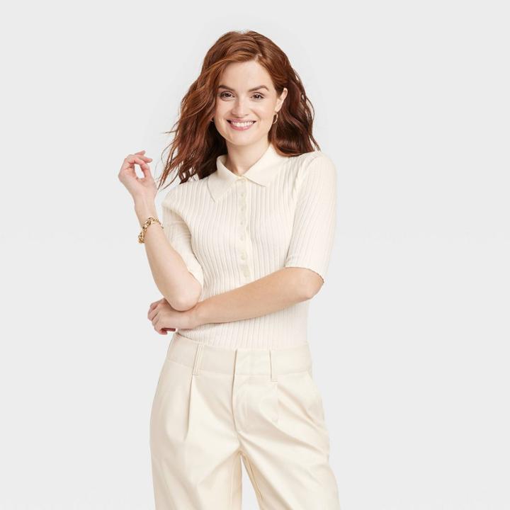 Women's Henley Neck Sweater - A New Day Cream