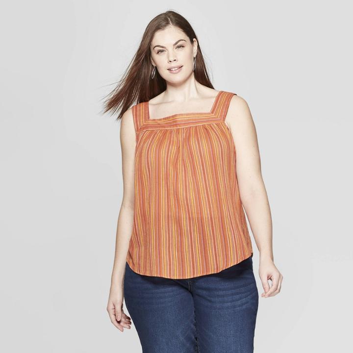 Women's Plus Size Striped Sleeveless Square Neck Top - Universal Thread Rust