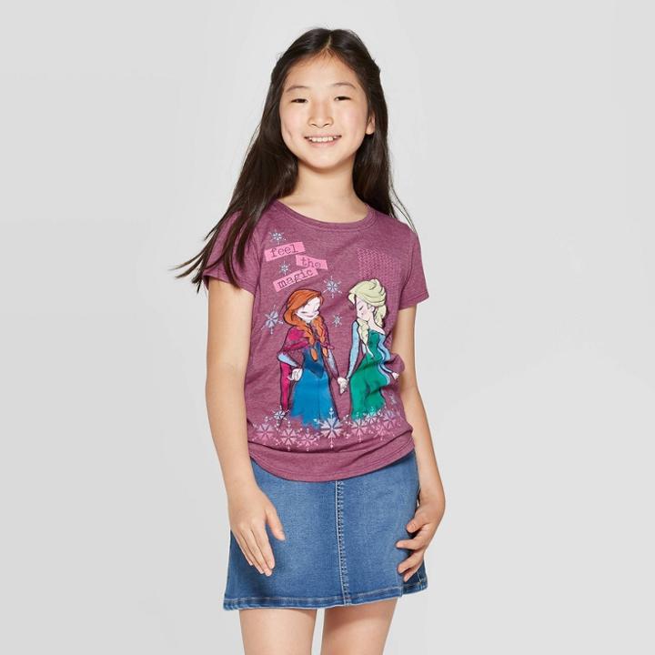 Girls' Frozen Feel The Magic Short Sleeve T-shirt - Burgundy