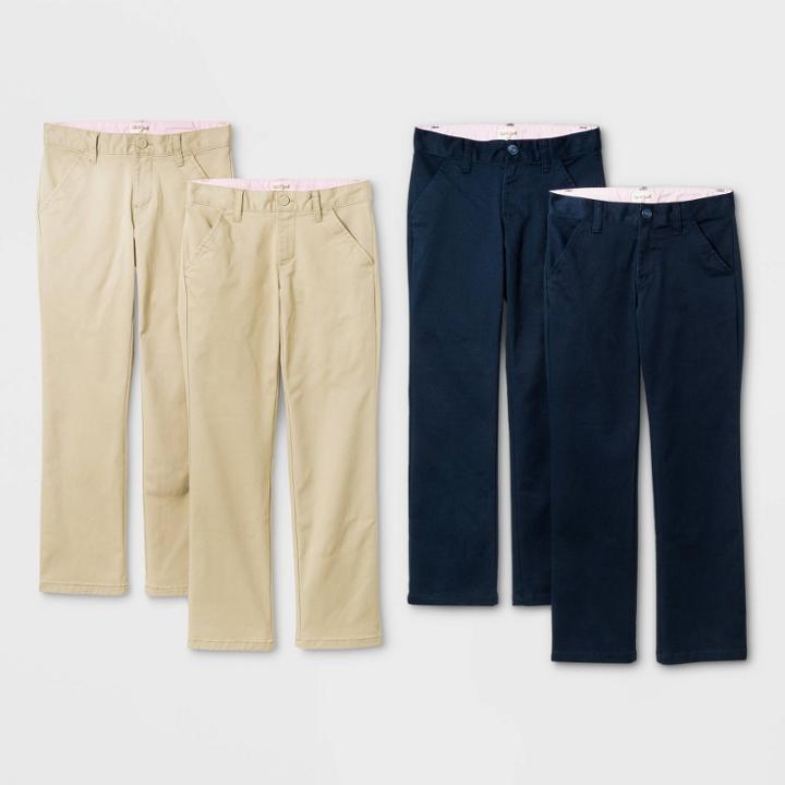 Girls' 4pk Flat Front Stretch Uniform Straight Fit Pants - Cat & Jack Khaki/navy