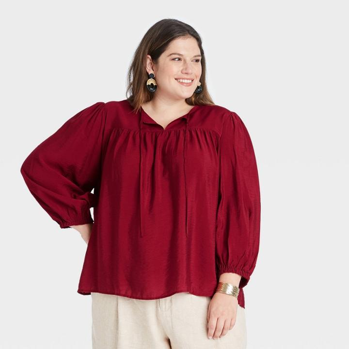 Women's Plus Size Long Sleeve Blouse - A New Day Dark Red
