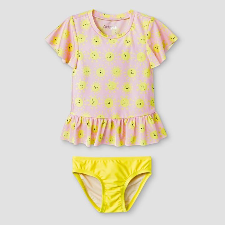 Toddler Girls' 2pc Rash Guard Set With Flounce - Cat & Jack Pink/yellow