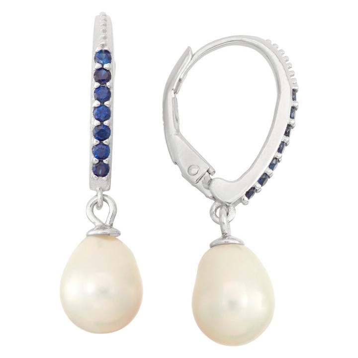 1/5 Tcw Tiara Sterling Silver Dangling Freshwater Pearl With Sapphire Accents, Blue