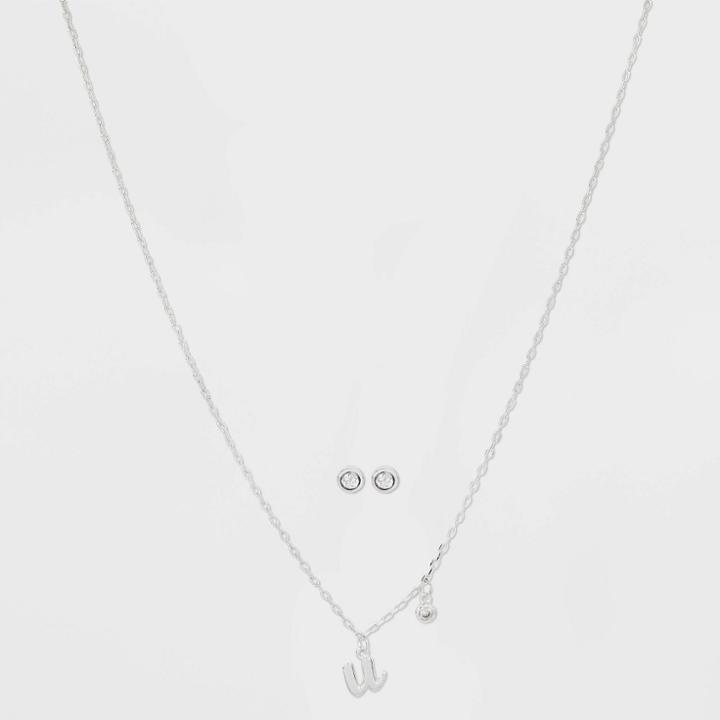 Silver Plated Cubic Zirconia Initial 'u' Chain Pendant Necklace And Earring Set - A New Day