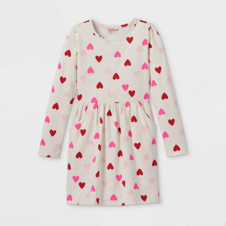 Girls' 'valentine's Day Multi Heart' Printed Long Sleeve Knit Dress - Cat & Jack Cream