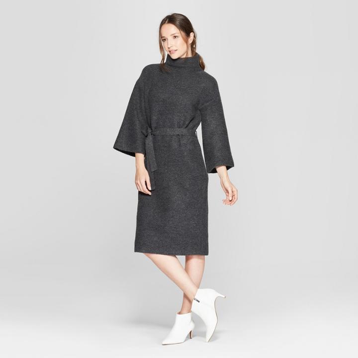 Women's Long Sleeve Belted Sweater Dress - Prologue Black
