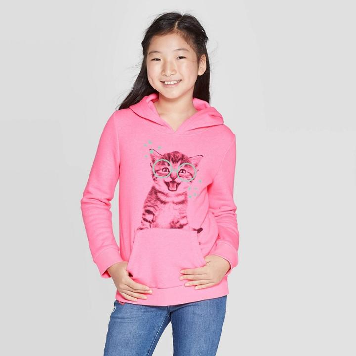 Girls' Long Sleeve Glasses Cat Hoodie - Cat & Jack Bright Pink M, Girl's,