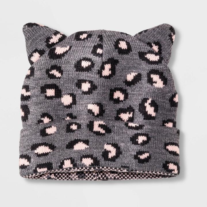 Girls' Leopard Print Beanie - Cat & Jack Gray One Size, Medium Heather Gray
