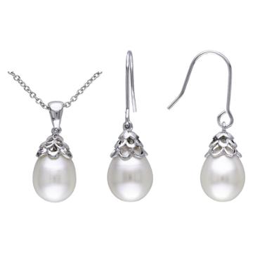 Allura 9-10mm Freshwater Cultured White Rice Pearl Hook Earrings And Pendant Necklace In Sterling