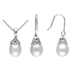 Allura 9-10mm Freshwater Cultured White Rice Pearl Hook Earrings And Pendant Necklace In Sterling