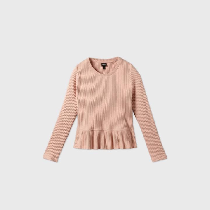 Girls' Rib-knit Cropped Peplum Long Sleeve Top - Art Class Pink