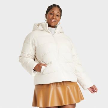 Women's Plus Size Short Puffer Coat - Ava & Viv Cream