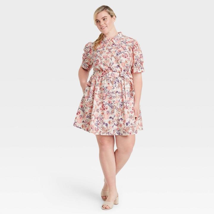 Women's Plus Size Puff Short Sleeve Shirtdress - Who What Wear Off-white Floral