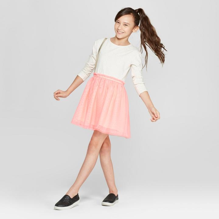 Girls' Long Sleeve Knit To Woven Dress With Tulle Skirt - Cat & Jack Pink/cream