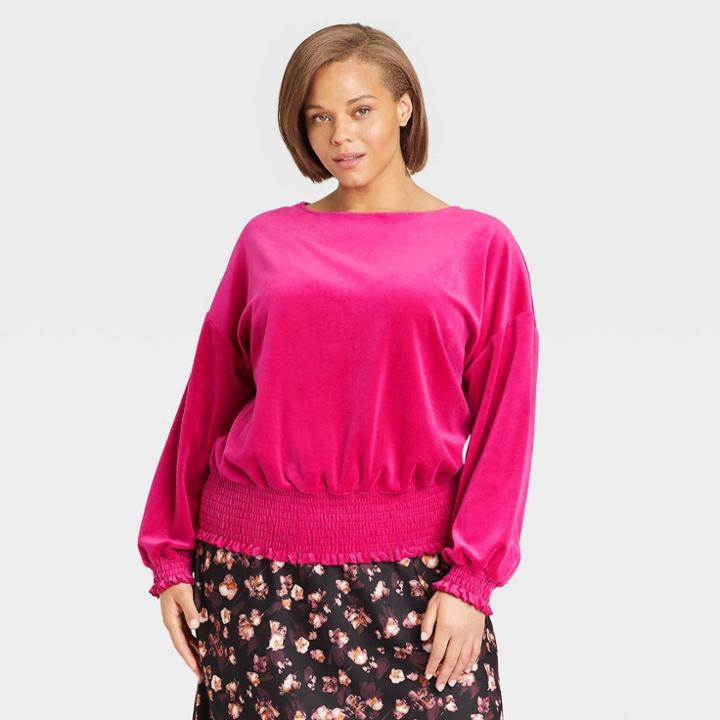 Women's Plus Size Bishop Long Sleeve Velvet Smocked Top - A New Day Dark Pink