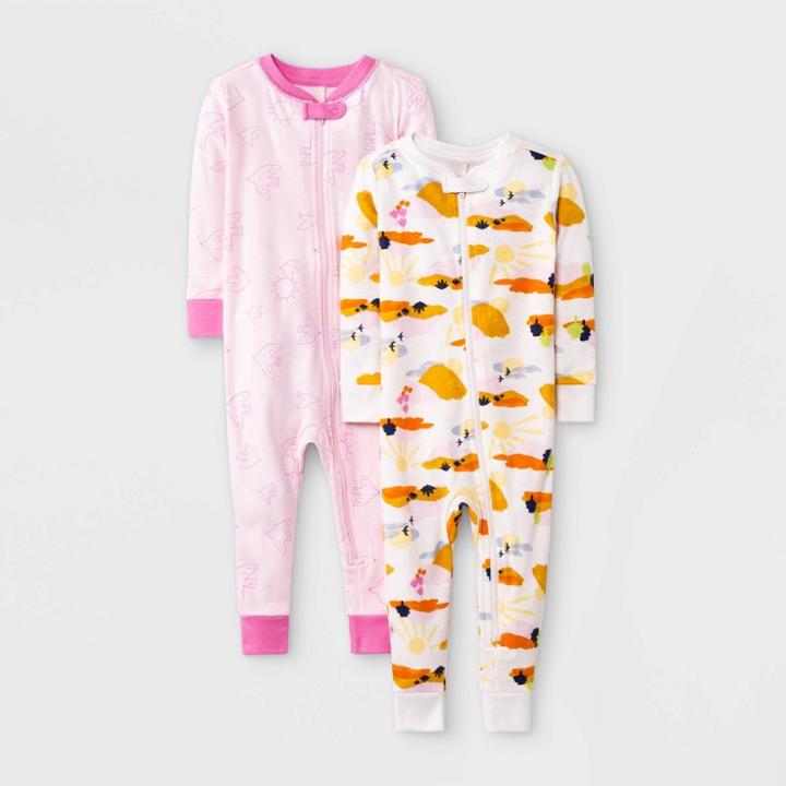 Baby Girls' 2pk Mountain Scene Snug Fit Pajama Romper - Cat & Jack 12m, Black/beige/pink