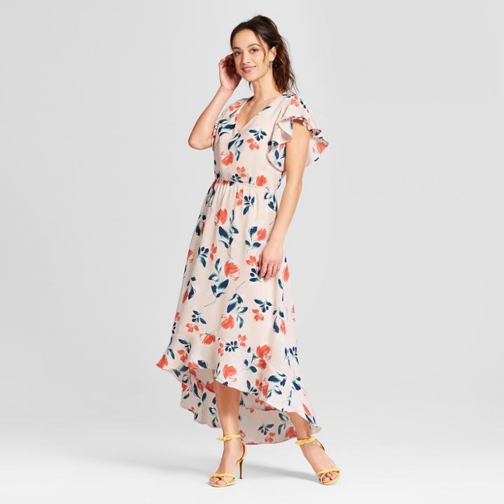 Women's Floral Print Angel Sleeve Midi Dress - Lux Ii Cream