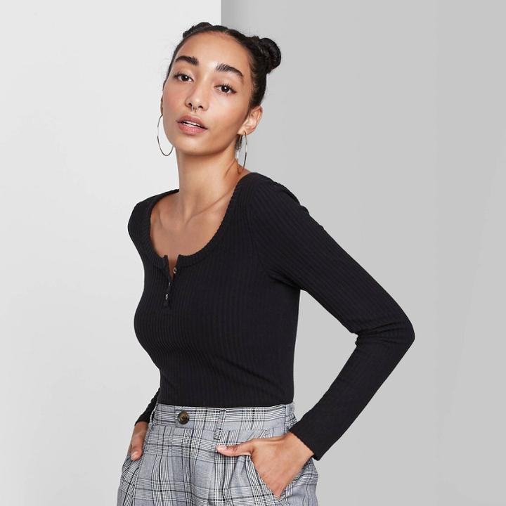 Women's Long Sleeve Cozy Henley T-shirt - Wild Fable Black
