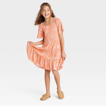 Girls' Flutter Short Sleeve Smocked Dress - Art Class Peach Orange Floral