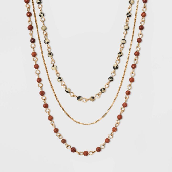Brass Semi Red Jasper Dalmatian Jasper Multi Row Necklace - Universal Thread Gold,