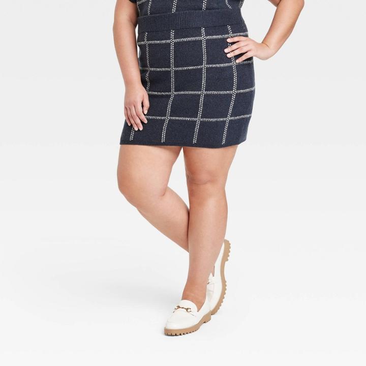 Women's Plus Size Mini Sweater Skirt - A New Day Navy Blue Windowpane