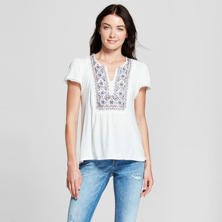 Women's Short Sleeve Embroidered Knit To Woven Top - Knox Rose Ivory