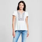 Women's Short Sleeve Embroidered Knit To Woven Top - Knox Rose Ivory