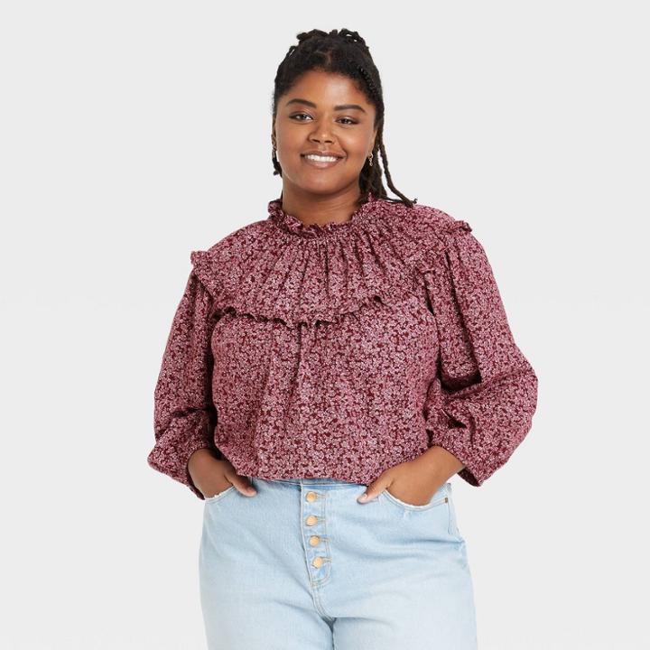 Women's Plus Size Balloon 3/4 Sleeve Yoke Blouse - Universal Thread Purple Floral