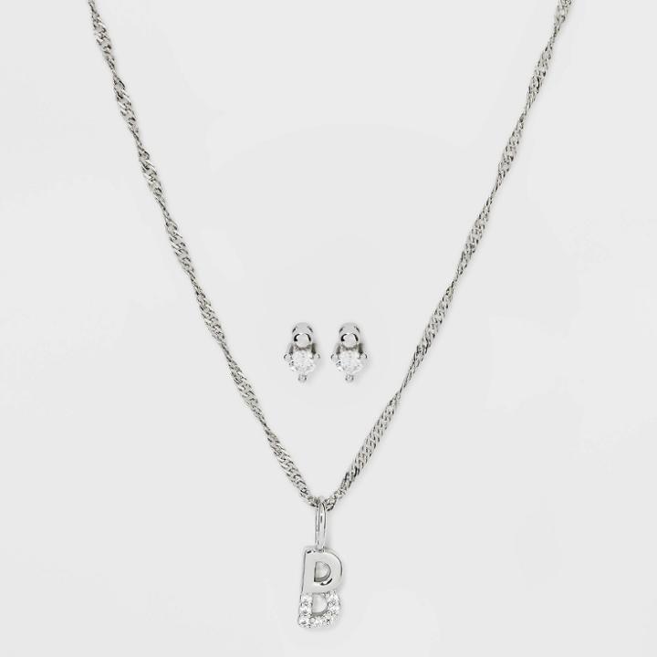 Silver Plated Cubic Zirconia 'b' Initial Earring And Pendant Necklace Set - A New Day