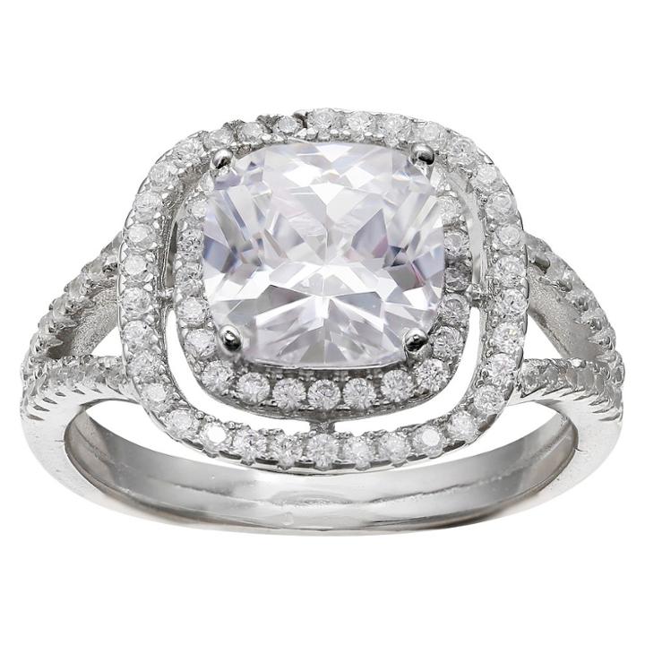 Women's Halo Cushion Cubic Zirconia Ring In Sterling