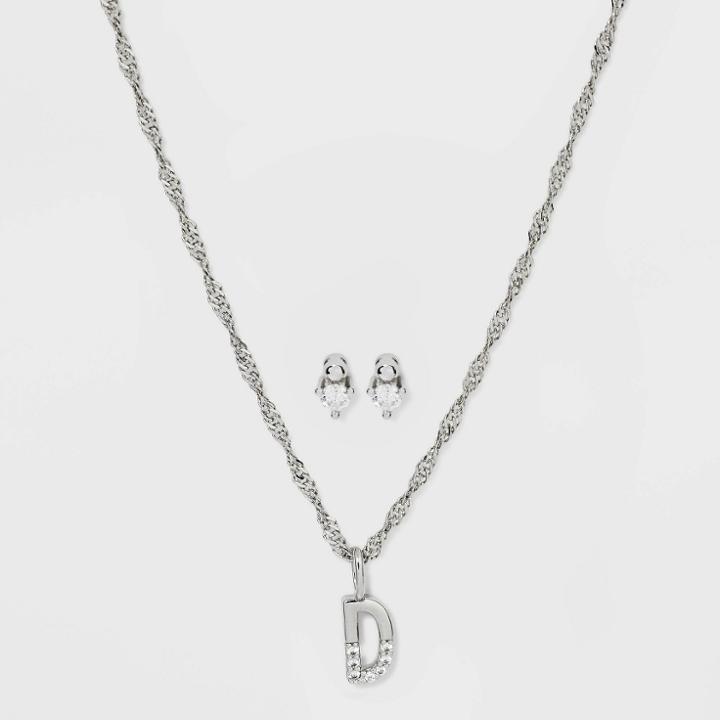 Silver Plated Cubic Zirconia 'd' Initial Earring And Pendant Necklace Set - A New Day