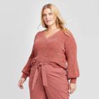 Women's Plus Size Long Sleeve V-neck Chenille Pullover Sweater - Ava & Viv Dark Pink