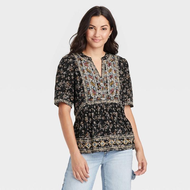 Women's Short Sleeve Embroidered Top - Knox Rose Black Floral