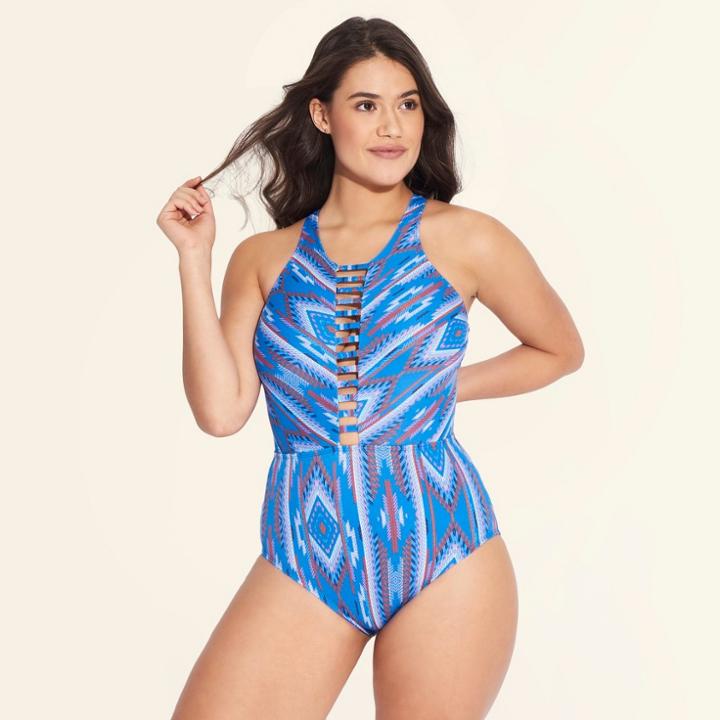 Women's Slimming Control High Neck One Piece Swimsuit - Beach Betty By Miracle Brands Blue