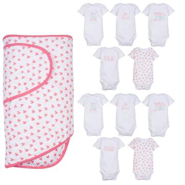 Miracle Blanket Bodysuit Set - Coral Hearts 10pc, Pink Hearts