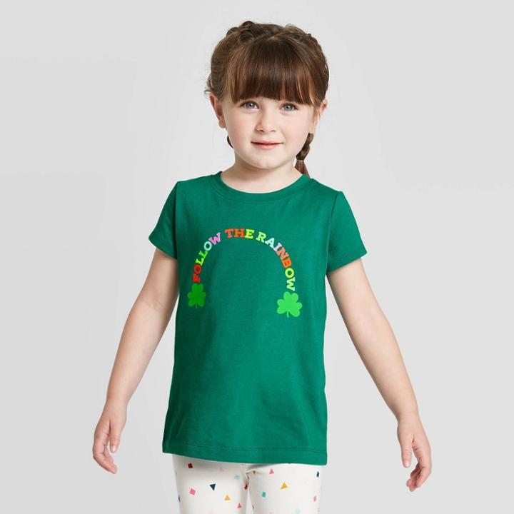 Toddler Girls' 'follow The Rainbow' Shamrock T-shirt- Cat & Jack Dark Green 2t, Toddler Girl's