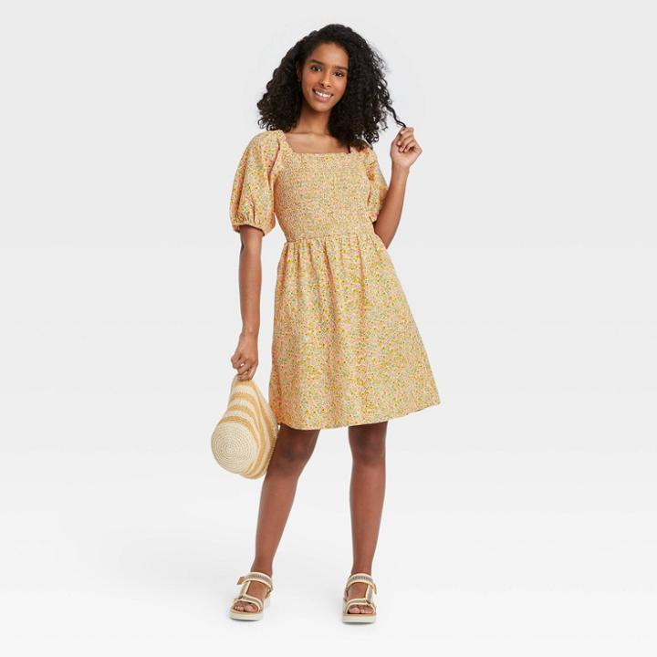 Women's Floral Print Puff Elbow Sleeve Smocked Dress - Universal Thread Yellow