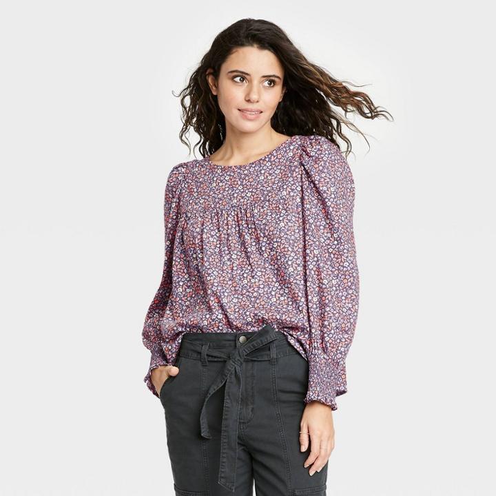 Women's Floral Print Balloon Long Sleeve Blouse - Universal Thread Purple
