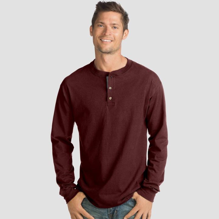 Hanes Men's Long Sleeve Beefy Henley Shirt - Berry (pink)